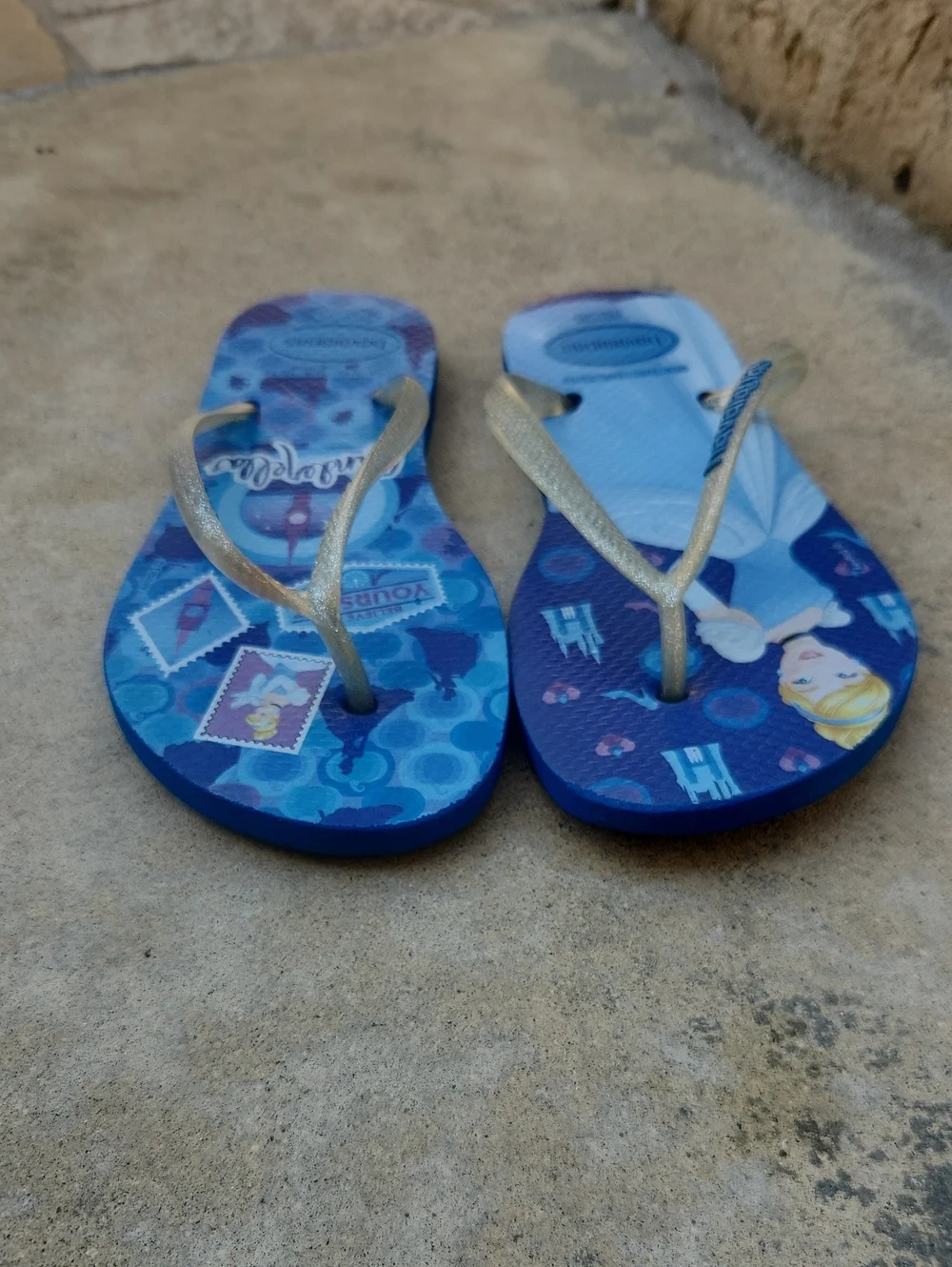 Havaianas Disney Cinderella Flip Flops Blue Glitter Straps Size 3/4 Kids Girls